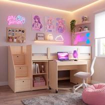 Cama Elevada com Armários e Escrivaninha em MDF Artsy Casatema MadeiraOriginals Natural/Branco Cama Elevada com Armários e Escrivaninha em MDF Artsy Casatema MadeiraOriginals Natural/Branco