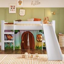Cama Elevada com Escorregador e Cortina Zoo 1 Colchão