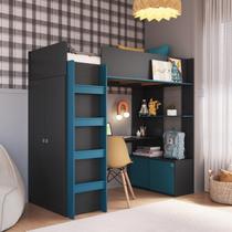 Cama Elevada Multifuncional com Armário e Escrivaninha Grafite/Azul Secreto Cama Elevada Multifuncional com Armário e Escrivaninha Grafite/Azul Secreto