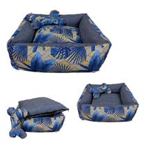 Cama Impermeável Com Travesseiro Para Cães E Gatos Azul G