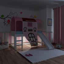 Cama Infantil Alta Joy com Escorregador/Dossel Doce Casinha e Led - Rosa/Branco