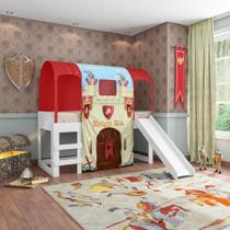 Cama Infantil Alta Joy com Escorregador e Dossel Castelo Forte - Vermelho/Branco