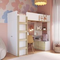 Cama Infantil Alta Multifuncional Office de Solteiro com Armário, Escrivaninha, Cabideiro e Prateleira Menino Menina