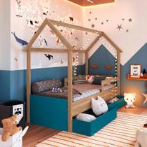 Cama Infantil Casinha Com 2 Gavetas Solteiro Aveiro Oak Azul Secreto Sonho Completa Móveis