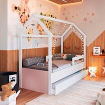 Cama Infantil Casinha Com Auxiliar E 2 Colchões Branco Rosa Sonho Completa Móveis