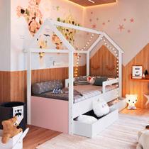 Cama Infantil Casinha Com Colchão Solteiro 2 Gavetas Branco Rosa Sonho Completa Móveis