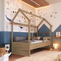 Cama Infantil Casinha Montessoriana Solteiro 188x78 com 2 Regulagens de Altura e Proteção Lateral Aveiro Oak