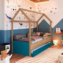 Cama Infantil Casinha Solteiro Com Auxiliar Aveiro Oak Azul Secreto Sonho Completa Móveis