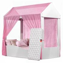Cama Infantil Colina Casinha Com Voal E Colchão Branco Rosa Cama Infantil Colina Casinha Com Voal E Colchão Branco Rosa