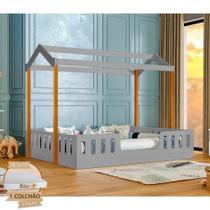 Cama Infantil com Colchão D28 Casal Casinha Segura Montessoriana Ágatha Cinza e Mel Cama Infantil com Colchão D28 Casal Casinha Segura Montessoriana Ágatha Cinza e Mel