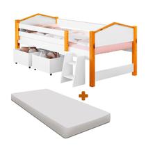 Cama Infantil Com Colchão Solteiro 2 Baús E Escadinha Branco Ellah Shop JM