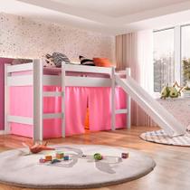 Cama Infantil com Escorregador Branco e Cortina Rosa 93 x 202 cm