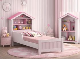 Cama Infantil Com Estante Casinha MDF Rosa Branco Montessoriana Organização Quarto Menina