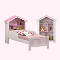 Cama Infantil Com Estante Casinha MDF Rosa Branco Montessoriana Organização Quarto Menina