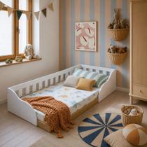 Cama Infantil de Chão Montessoriana Solteiro com Proteção Lateral BRV Móveis BCA32 Cor Branco e Mel