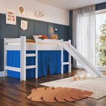 Cama Infantil Elevada com Escorregador 188x78cm Escada e Proteção Lateral Branca com Cortina Azul
