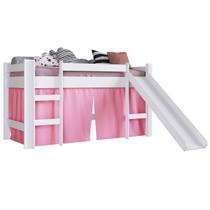 Cama Infantil Elevada com Escorregador Branca e Cortina Rosa