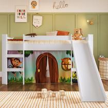 Cama Infantil Elevada com Escorregador Branco com Cortina Estampada Zoo