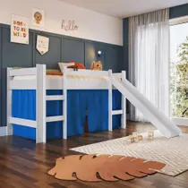 Cama Infantil Elevada Menino Menina Solteiro 202cm com Degrau e Escorregador Branca com Cortina Azul