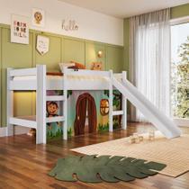 Cama Infantil Elevada Menino Menina Solteiro 202cm com Degrau e Escorregador Branca com Estampada Zoo