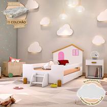 Cama Infantil Juvenil Belissima Rosa Branca e Amêndoa + Luminária Led + Colchão