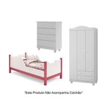 Cama Infantil Juvenil Nuvem Branco/rosa com Comoda e Guarda Roupa Lara Branco Cama Infantil Juvenil Nuvem Branco/rosa com Comoda e Guarda Roupa Lara Branco