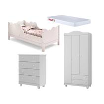 Cama Infantil Juvenil Nuvem Colchão Branco com Comada e Guarda Roupa Lara Branco