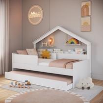 Cama Infantil Moldura Casinha para Colchão 0,88 X 1,88 Cor Branca com Cama Auxiliar