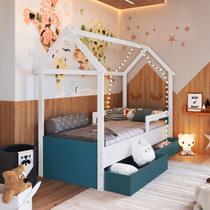 Cama Infantil Montessori tipo Cabana com 2 Gavetas Branco Azul