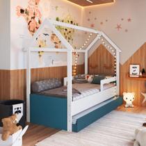 Cama Infantil Montessoriana Bicama Casinha Solteiro Menino Menina com Proteção Lateral e Cama Auxiliar Branco com Azul