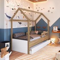Cama Infantil Montessoriana Bicama Casinha Solteiro Menino Menina com Proteção Lateral e Cama Auxiliar
