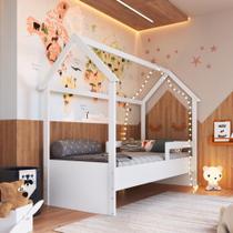 Cama Infantil Montessoriana Casinha com Colchão Menino Menina Solteiro 196cm com Proteção Lateral Branca