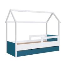 Cama Infantil Montessoriana Casinha Completa Móveis com 2 Gavetas Branca e Azul