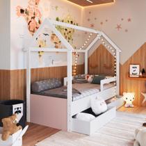 Cama Infantil Montessoriana Estilo Casinha 188x78cm com Proteção Lateral e Gavetas com Rodas Branco com Rosa