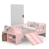 Cama Infantil Montessoriana Quarto de Criança com Nicho Escada Escorregador e Colchão Rosa