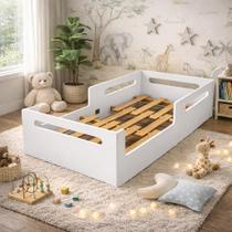Cama Infantil Montessoriana Solteiro Com Colchçao Proteção Lateral MDF