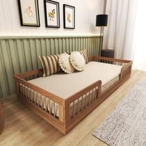 Cama Infantil Montessoriana Solteiro com Grades em Pinus Lume Marrom/Carvalho Mel