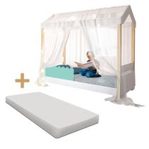 Cama Infantil Montessoriana Solteiro Menta Com Led E Colchão E Voal Branco Divaloto