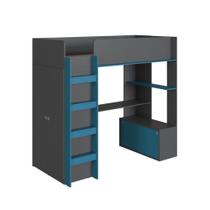 Cama Infantil Multifuncional Elevada com Armário e Escrivaninha Grafite/Azul - Completa Móveis