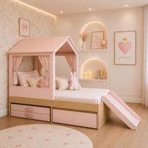 Cama Infantil Nicho e Gaveta com Casinha e Escorregador Play Rosa com Carvalho Malva Cama Infantil Nicho e Gaveta com Casinha e Escorregador Play Rosa com Carvalho Malva