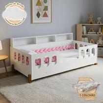 Cama Infantil Nina em Mdf com Colchão e Enxoval Trança Rosa 2,5m e Luminária Nuvem Led em Mdf - Bran