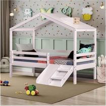 Cama Infantil Prime com Telhado Claraboia e Kit Escadinha Casatema Branco/Natural