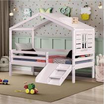 Cama Infantil Prime com Telhado Claraboia, Janela e Kit Escadinha Branco/Natural - Casatema