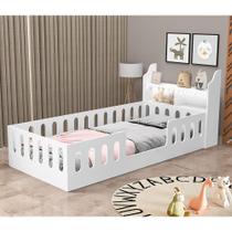 Cama Infantil Reforçada Montessoriana Helo Solteiro com Nicho e Led - Branca