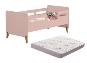 Cama Infantil Rosa MDF Proteção Lateral Pés de Madeira Retro Com Colchão Juvenil