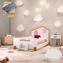 Cama Infantil Solteiro Belissima Rosa - Branca e Amêndoa + Brinde Luminária Led + Colchão