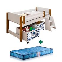 Cama Infantil Solteiro Com Baús Elefante Azul Branco Amendoa Naty Com Colchão Gazin