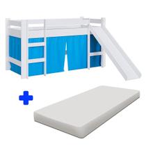 Cama Infantil Solteiro Com Escorregador Branco E Cortina Azul Secreto Com Colchão Kogu Completa Móveis