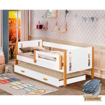 Cama Infantil Solteiro Mirela com Cama Auxiliar e Grade de Proteção Acompanha Colchões Branca/amêndo - MADEIRA STORE