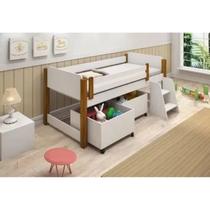 Cama Infantil Solteiro Naty C/ 2 Baús e Escada Lateral Branca - LV